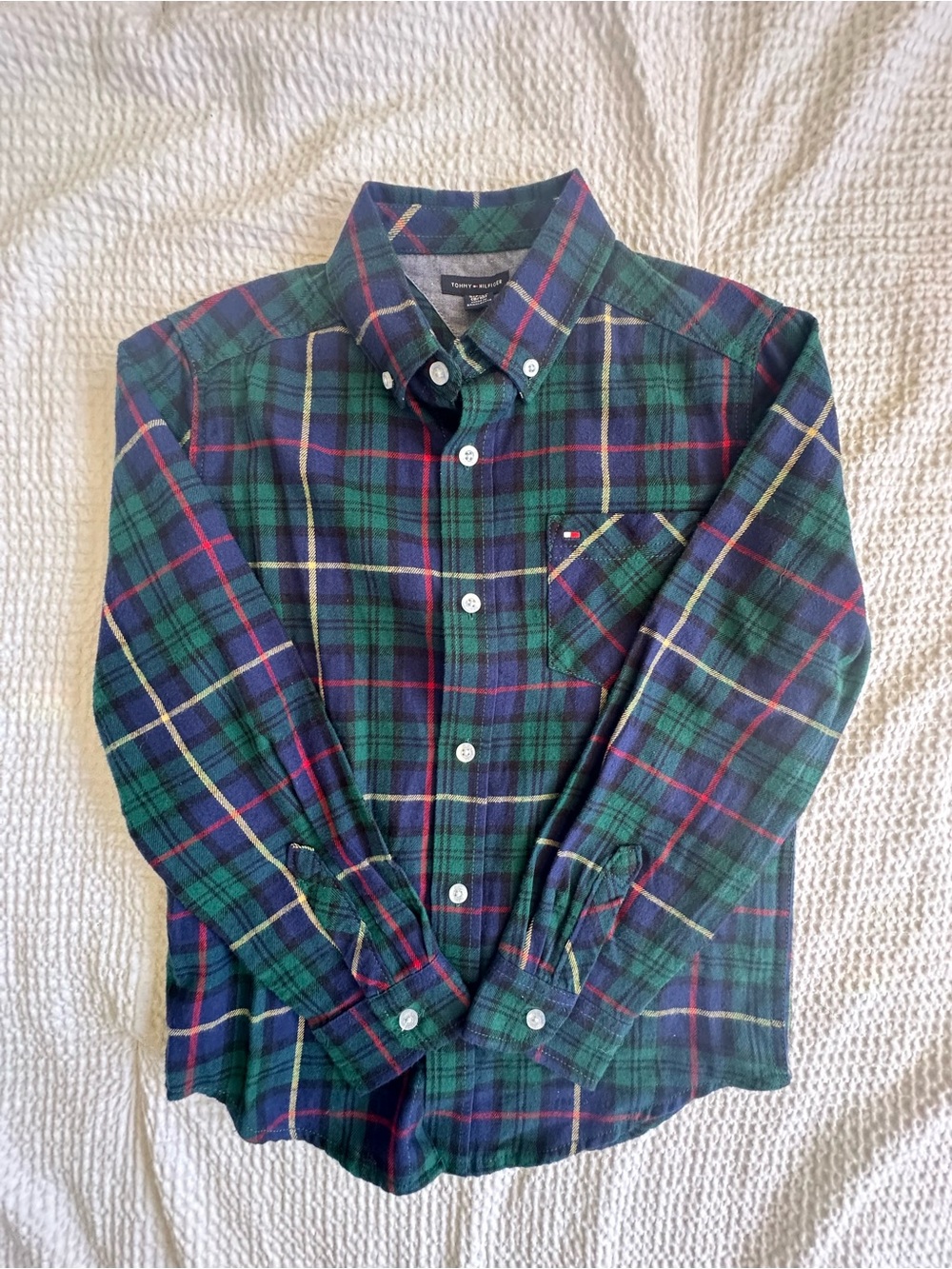 Tommy Hilfiger Navy & Green Plaid Button-Down Shirt Boys S (8-10)